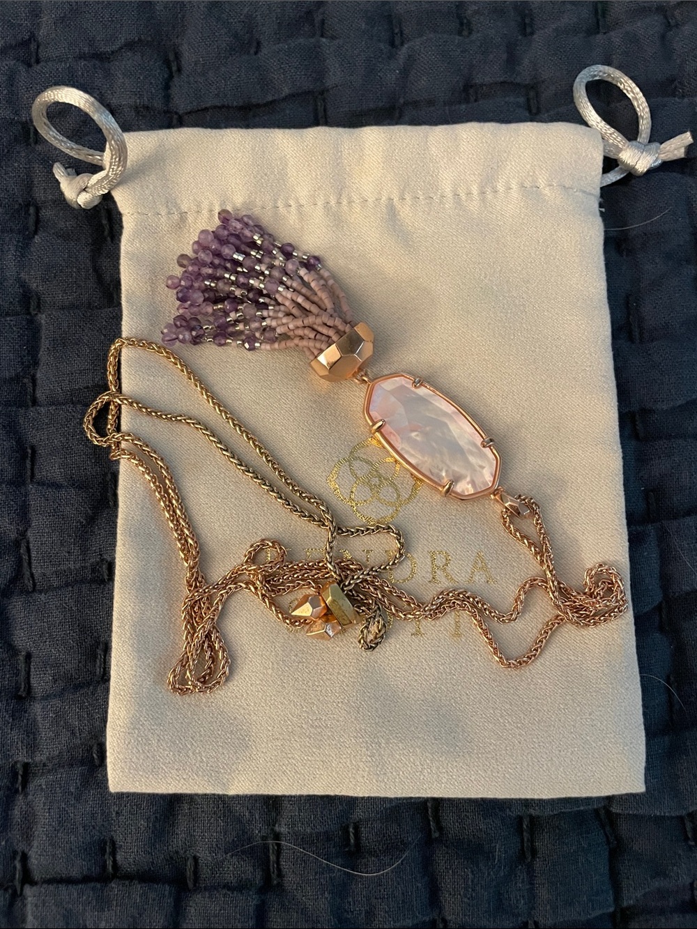 Kendra Scott Rose Gold Necklace with Lavender Tassel and Faceted Pink Pendant
